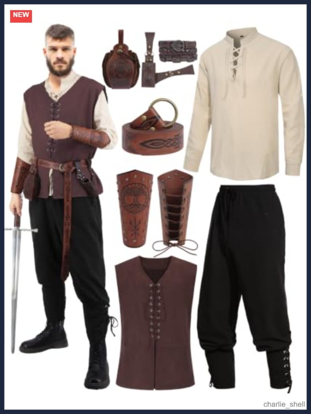 8pc Men's Renaissance Medieval Viking Costume Set Cotton PU Leather